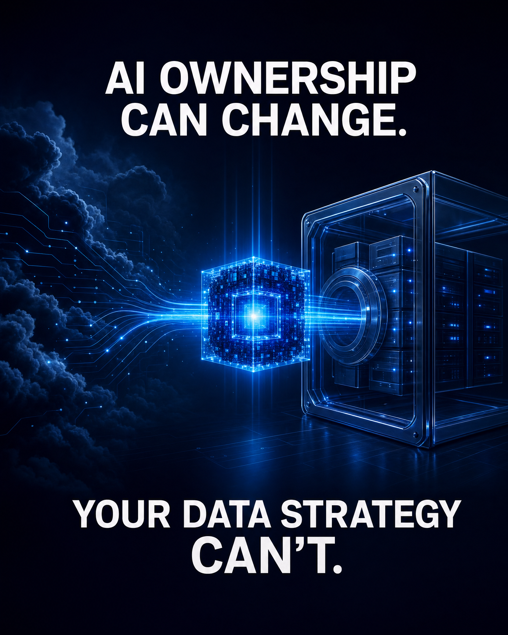 A bright blue data core moving from a cloud environment into a business-controlled secure archive.