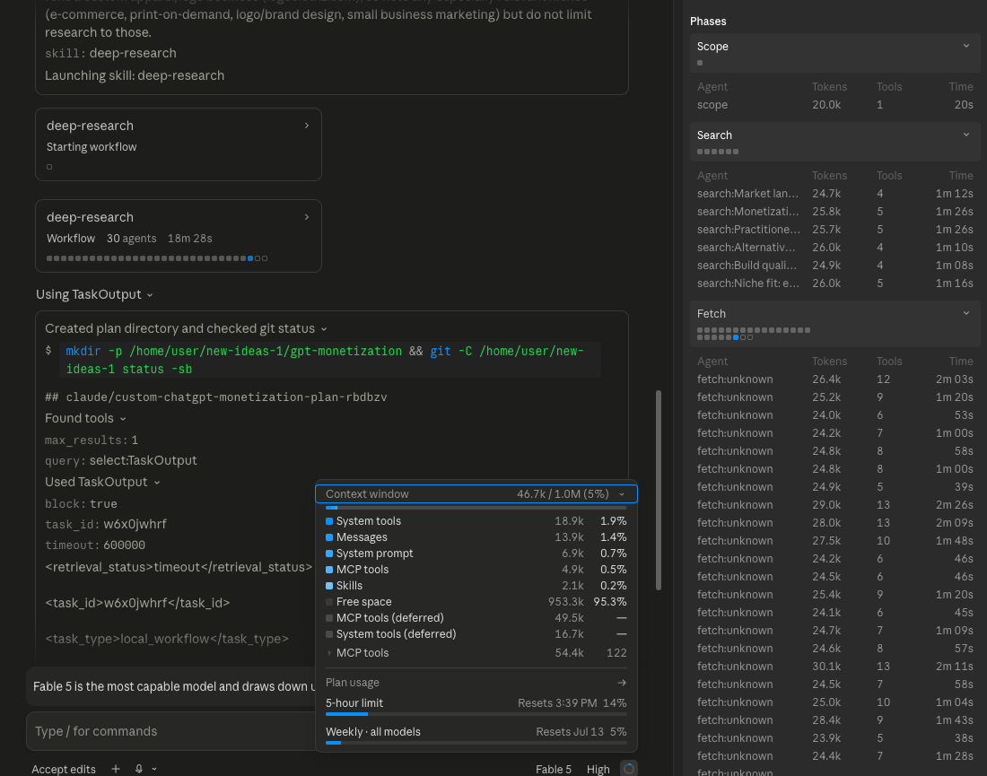 Fable 5 running 30 parallel agents  -  context window, agent panel, and plan usage visible