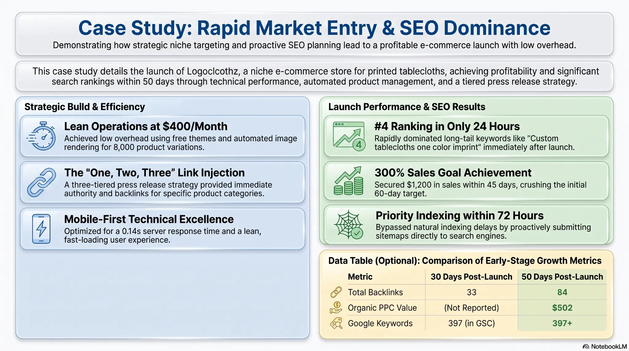 Case Study metrics infographic: Rapid Market Entry and SEO Dominance showing backlinks, keywords, and sales data