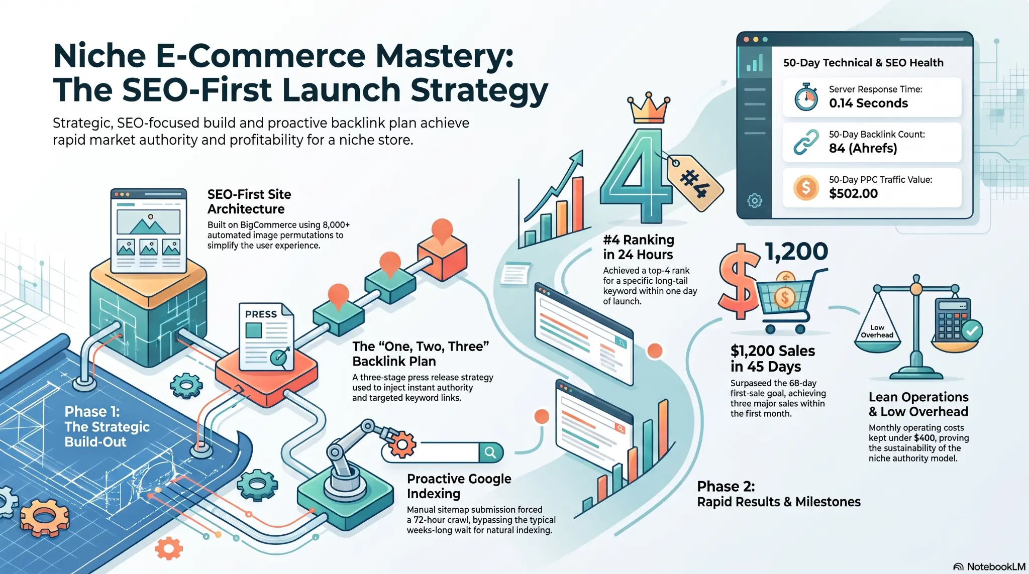 Niche E-Commerce Mastery: The SEO-First Launch Strategy infographic showing the two-phase build and results