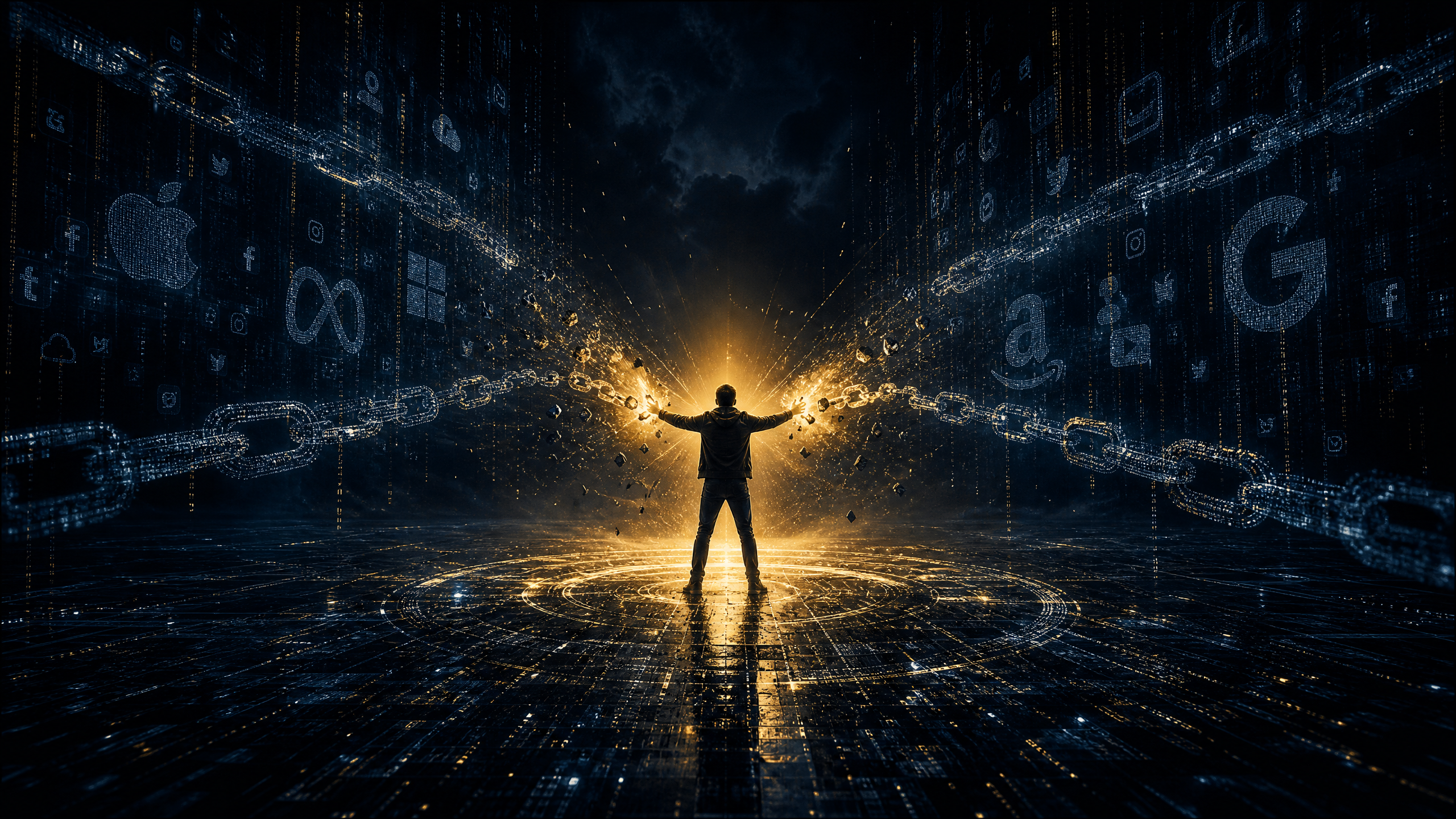 A person breaking free from digital chains representing big tech platforms