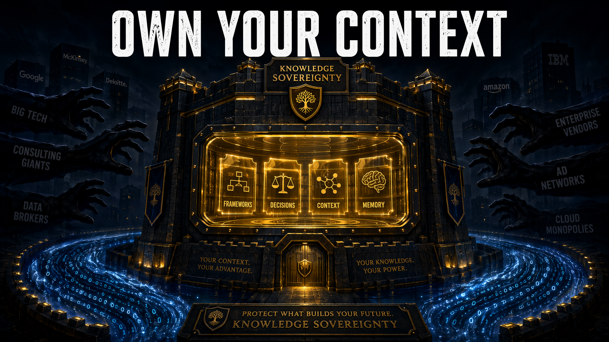 A fortified vault protecting Frameworks, Decisions, Context, and Memory from corporate hands reaching in from outside